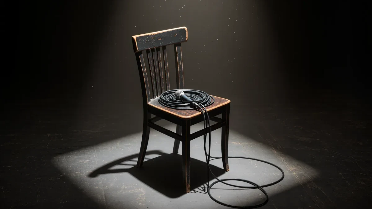 Empty fringe theatre chair lit by single spotlight