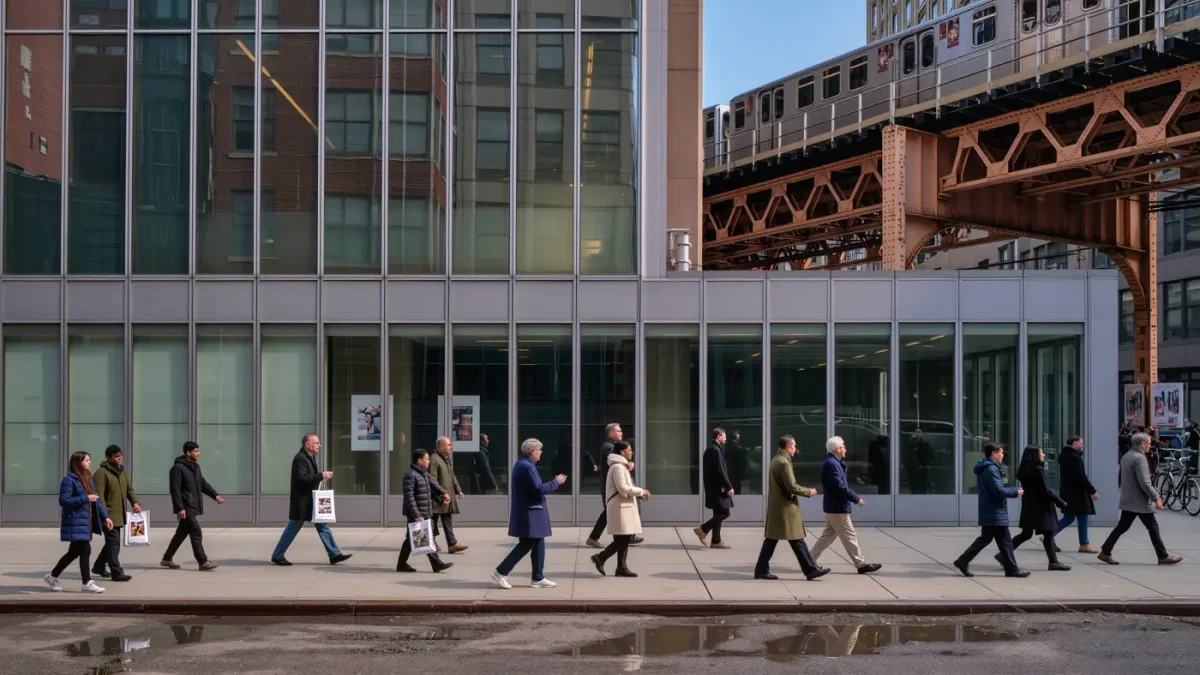 Pedestrians walking between glass-fronted gallery blocks in West Chelsea