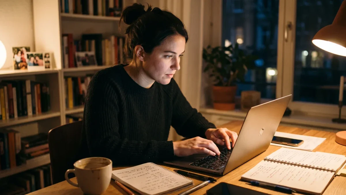 Founder coding a personal project by lamplight at a home desk