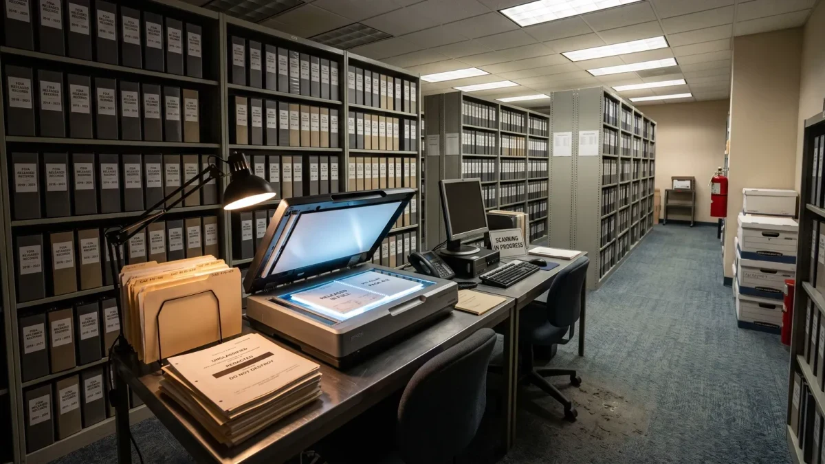 Agency reading room with shelves of released records and a scanner station