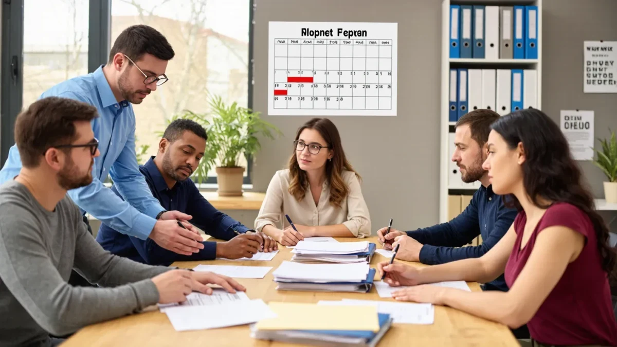 Program staff reviewing grant files in a bright nonprofit office