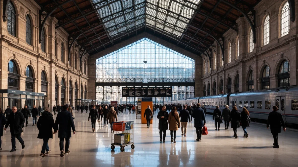 Commuters walking through a city rail station at dawn