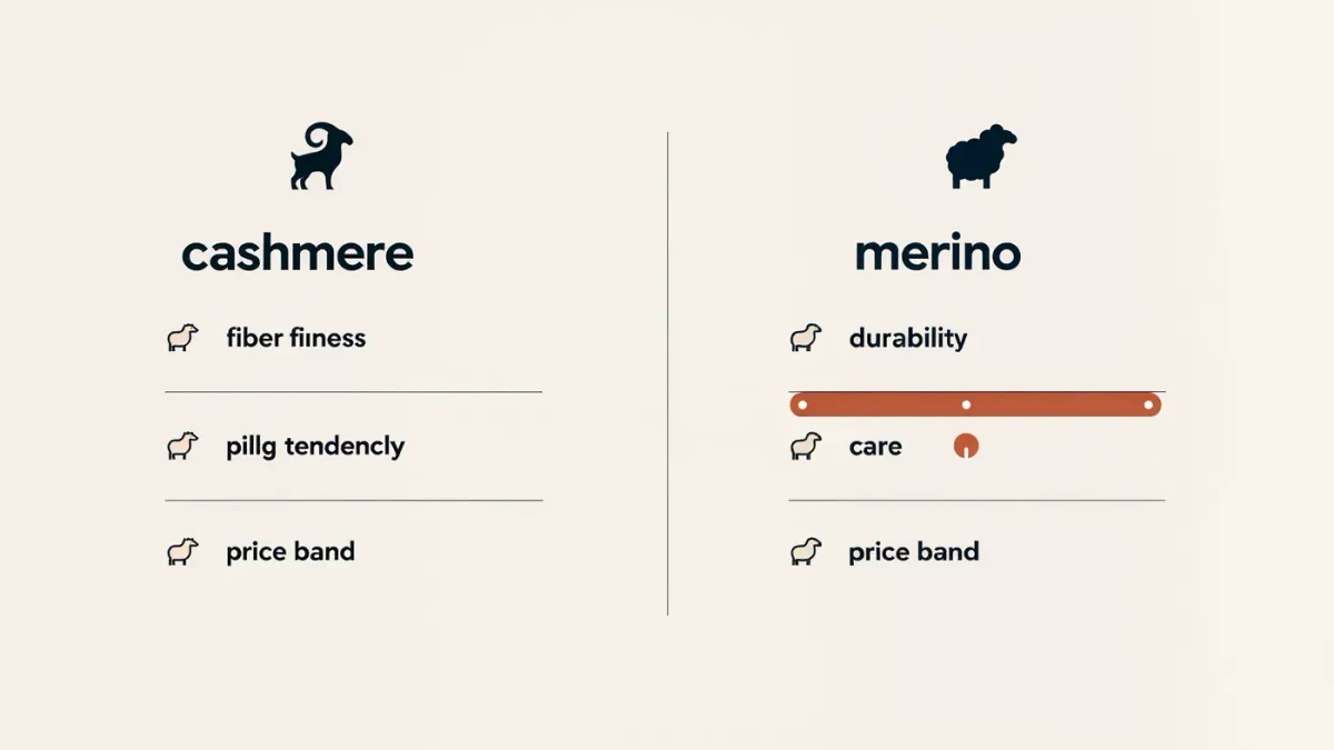 Side-by-side comparison chart of cashmere and merino wool sweater fibers and prices