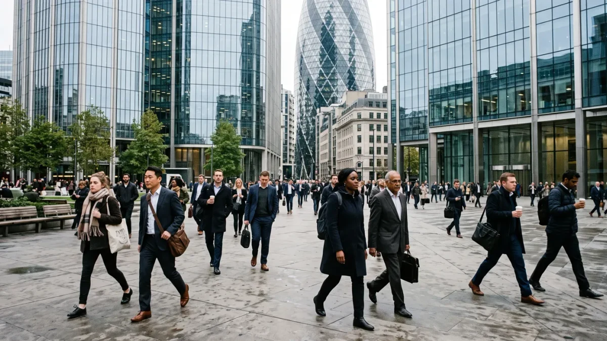 Commuters crossing a city plaza toward office towers on a weekday morning