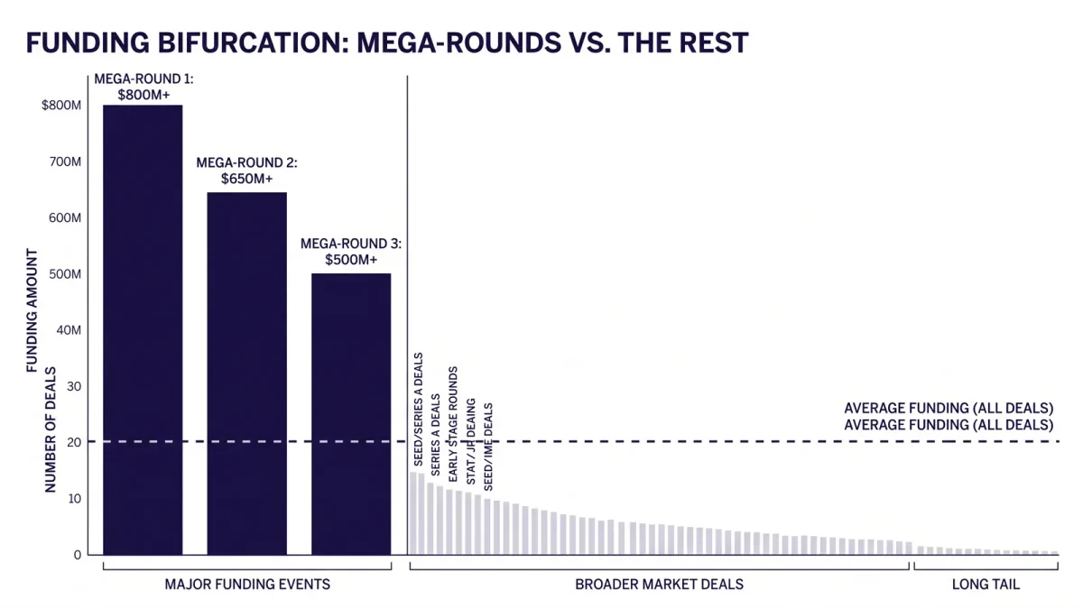 Funding waterfall chart showing three mega-rounds above a thin long tail
