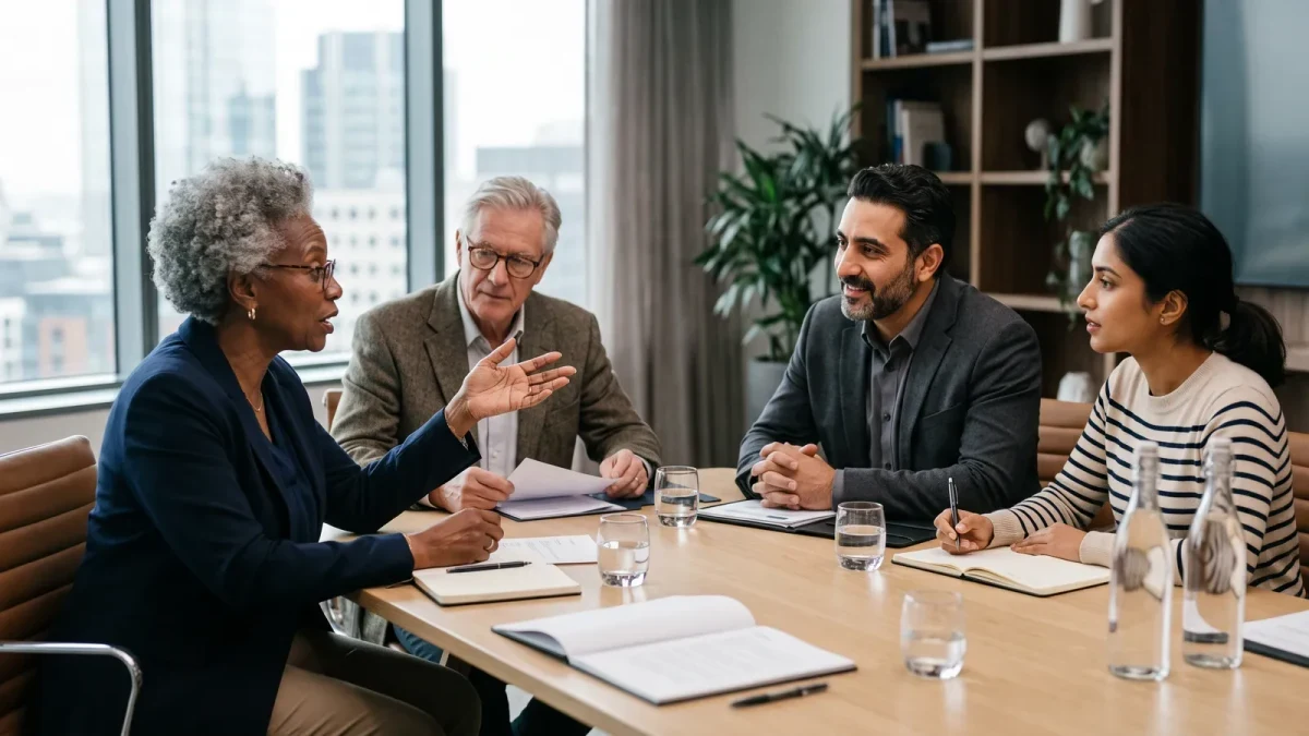 Diverse board members in discussion around a modern conference table