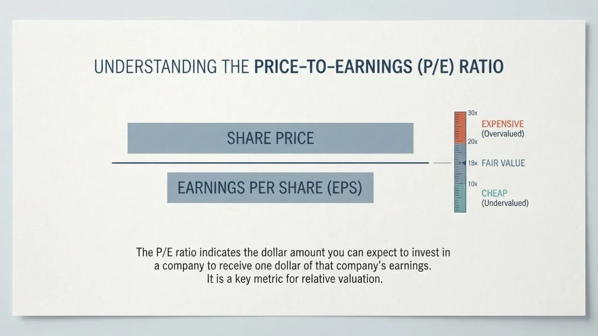 Infographic showing the P/E formula dividing price by earnings