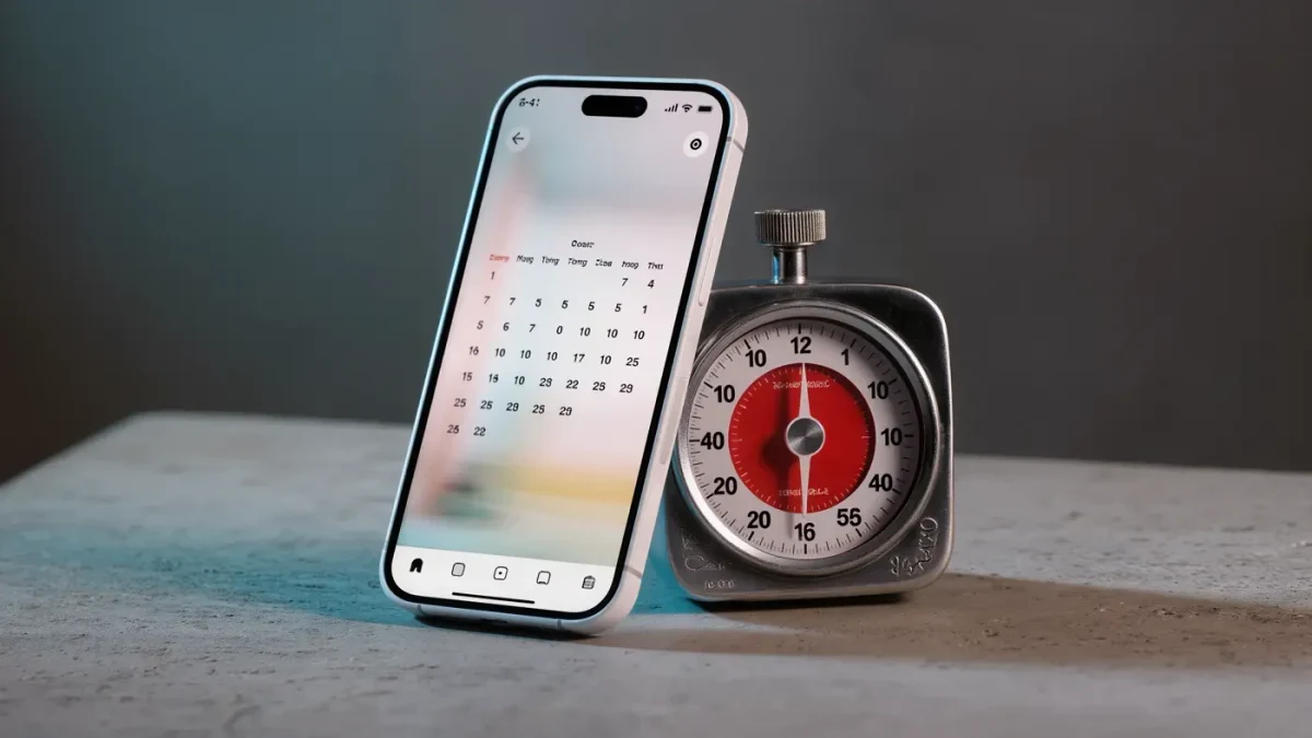 Smartphone beside a mechanical kitchen timer on a plain surface