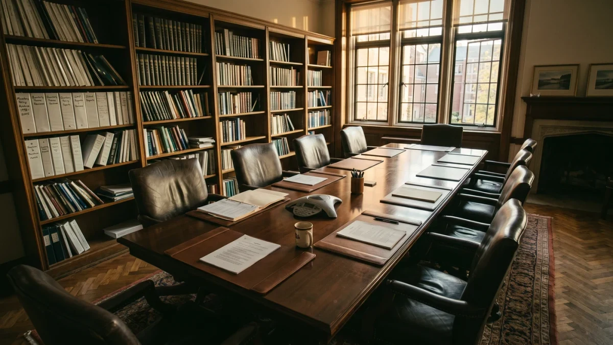 Quiet university seminar room with long table and paper archives