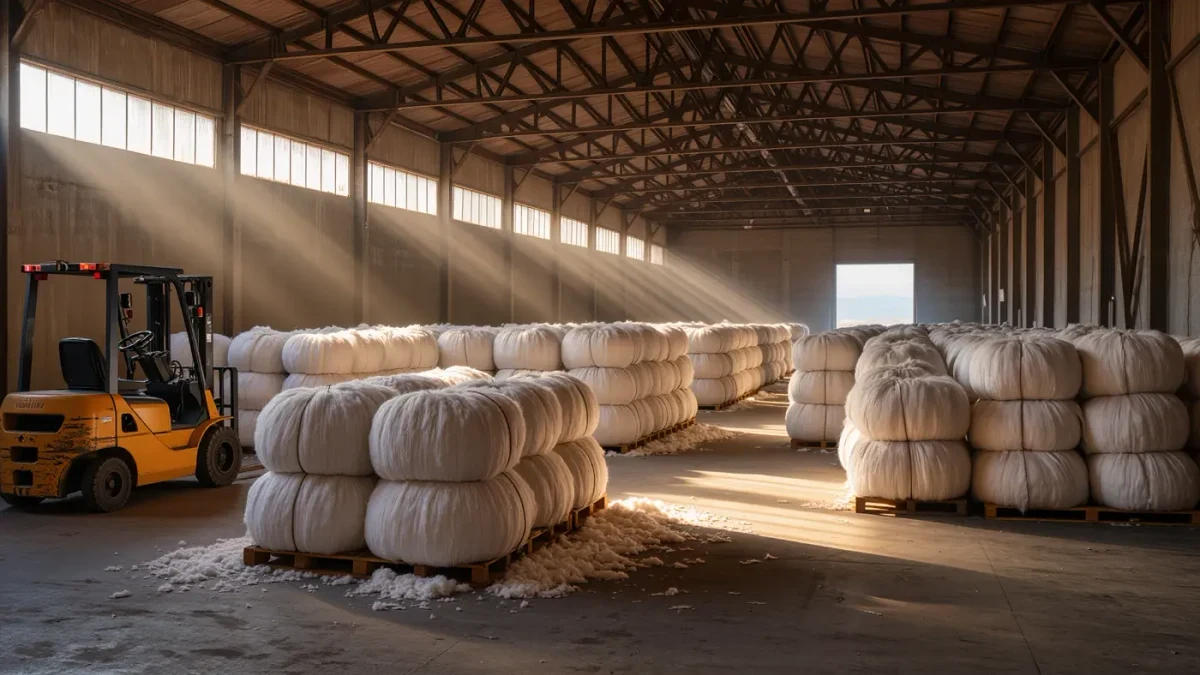 Raw cotton bales stacked at a ginning warehouse