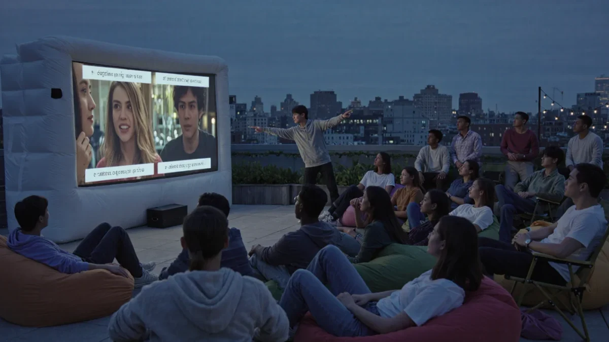 Friends watching a subtitled foreign film at a rooftop screening