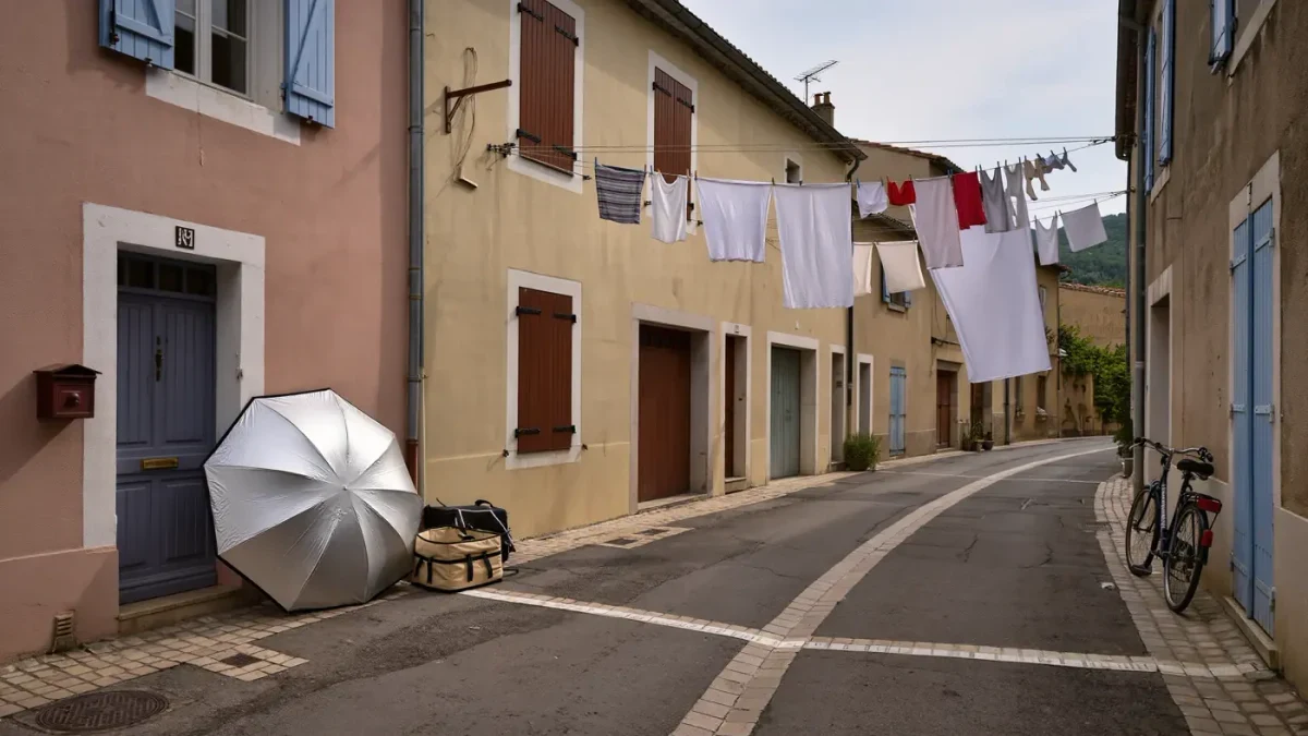 Quiet provincial street corner with a folded light reflector leaning by a doorway