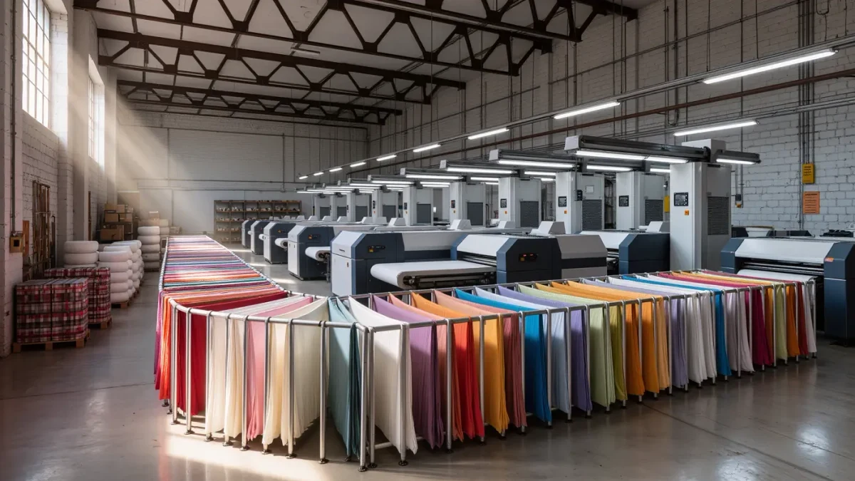 Quiet textile print works at dawn with digital printers awaiting the shift