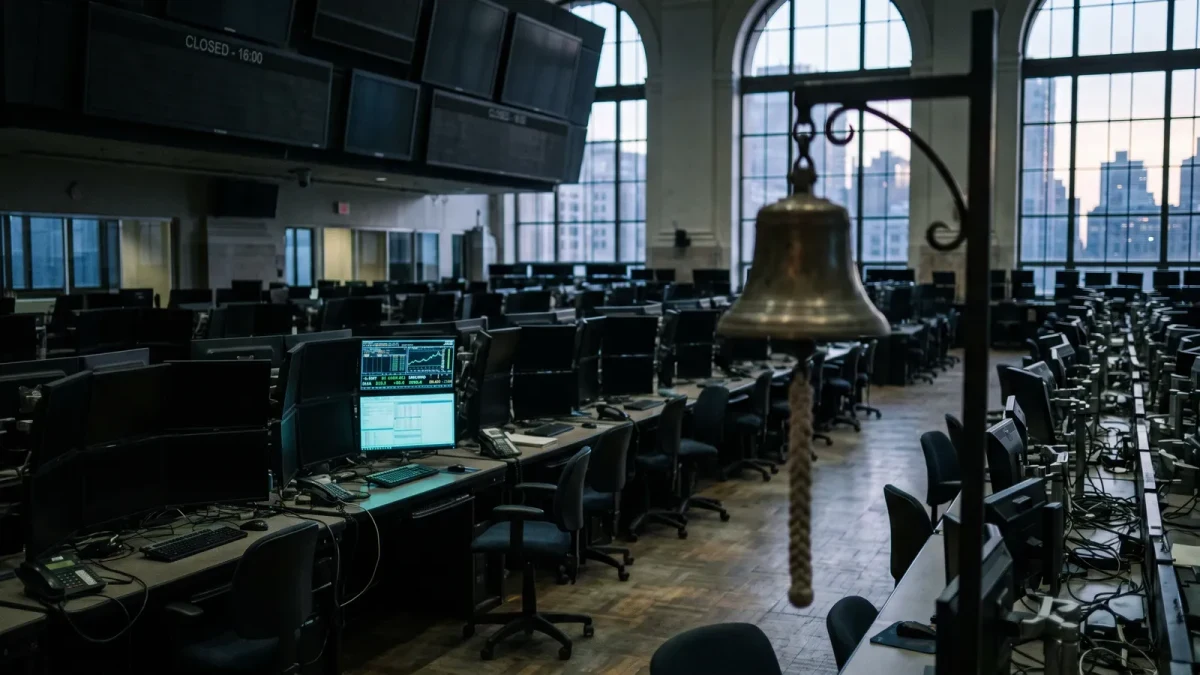 Empty trading floor screens after a delisting bell