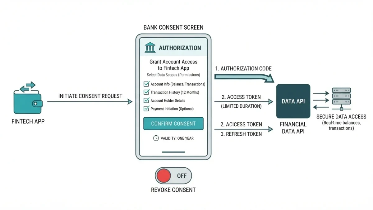 Infographic chart of an open banking consent flow with tokens and scopes
