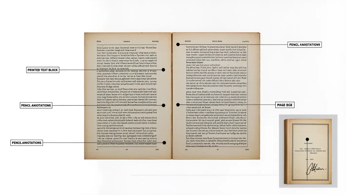 Diagram of book page layers with margin annotations and owner signature