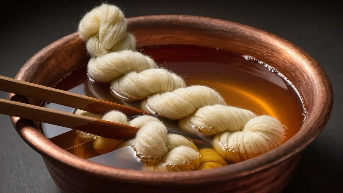 Ivory wool skeins steeping in a warm amber natural dye bath