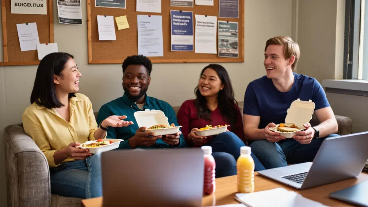 Graduate students sharing a meal in a crowded department common room