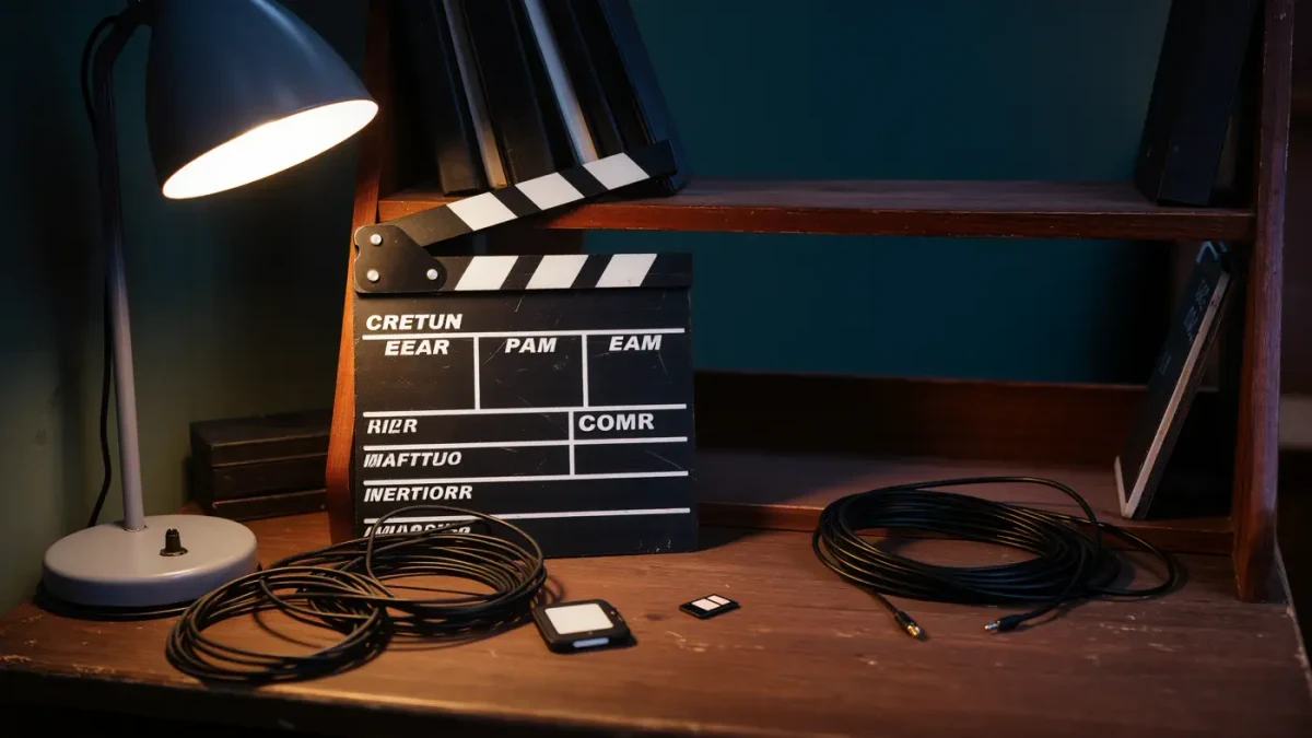 Film clapperboard and coiled cables on a shelf in warm editing-room light