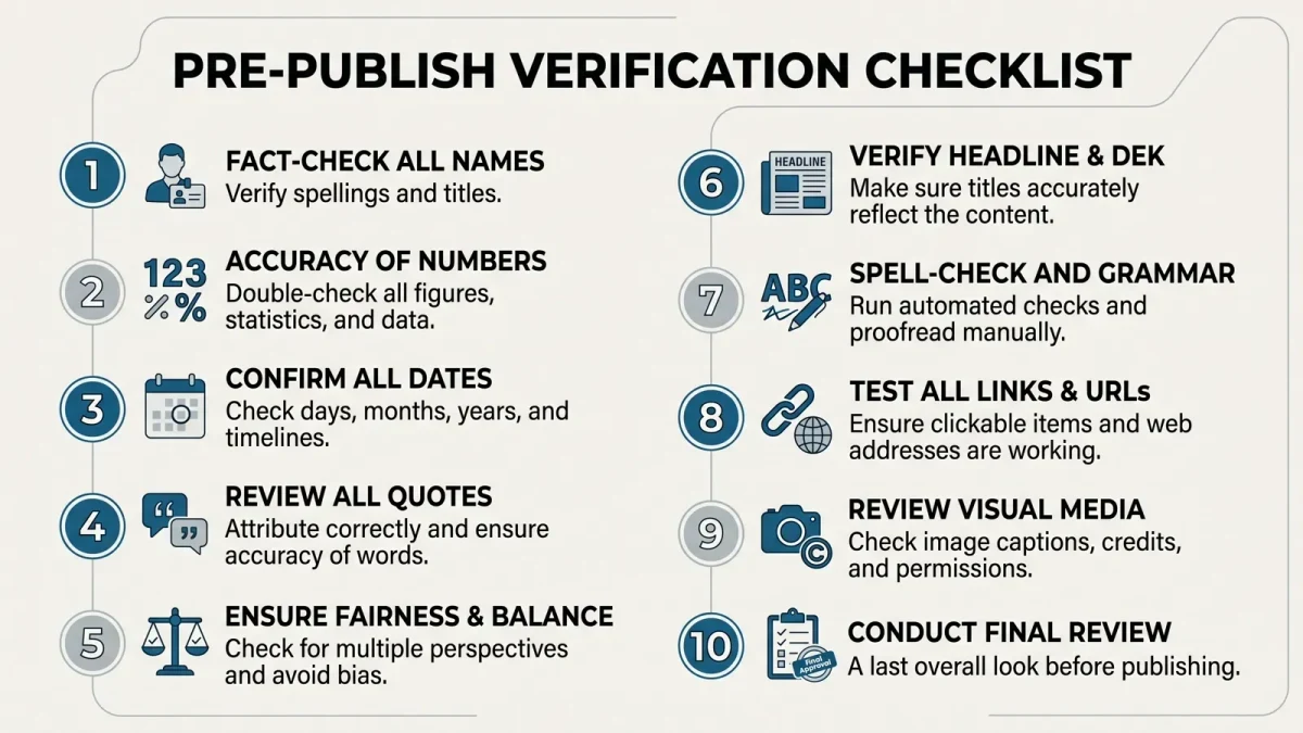 Checklist infographic of ten pre-publication verification steps