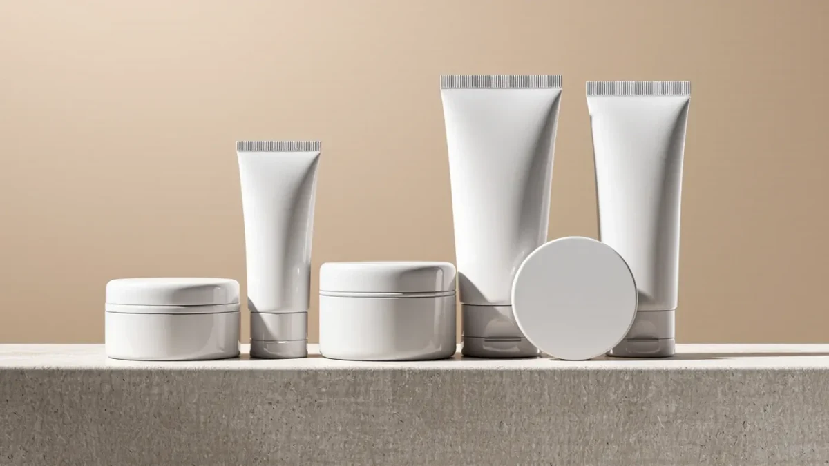 Row of unlabeled cosmetics in studio light