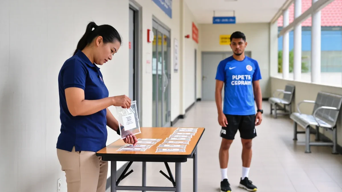 Doping control officer collecting sealed sample in athletes' area