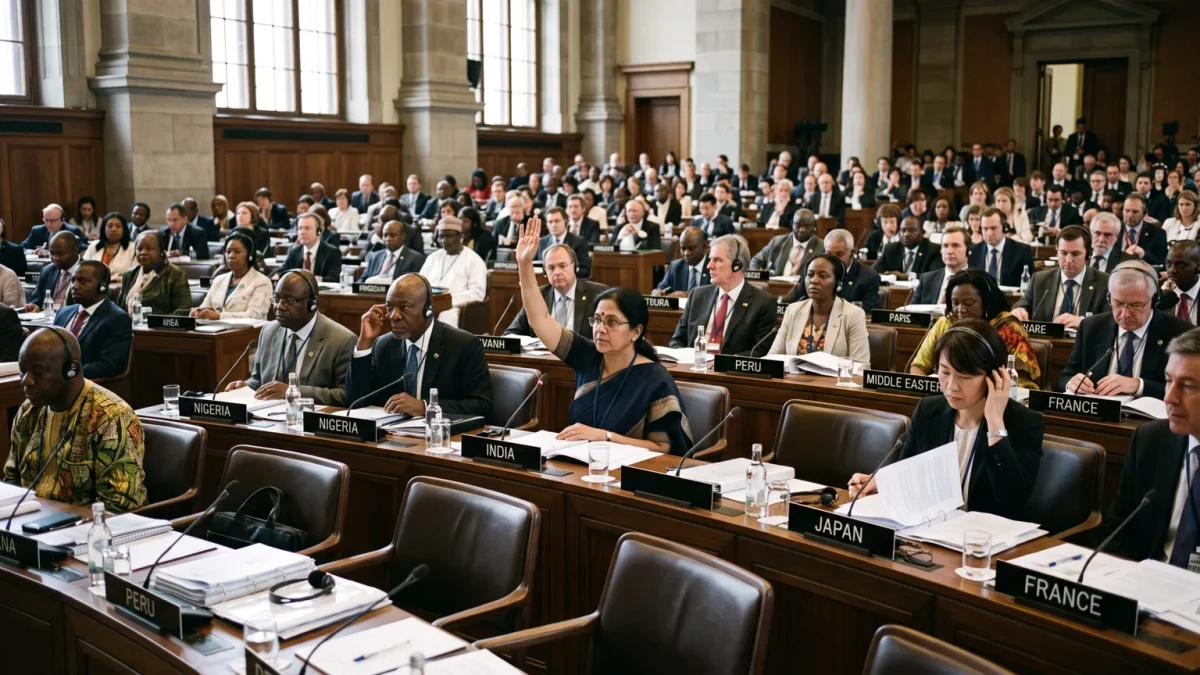 Delegates from many nations seated at a long committee table during a heritage session