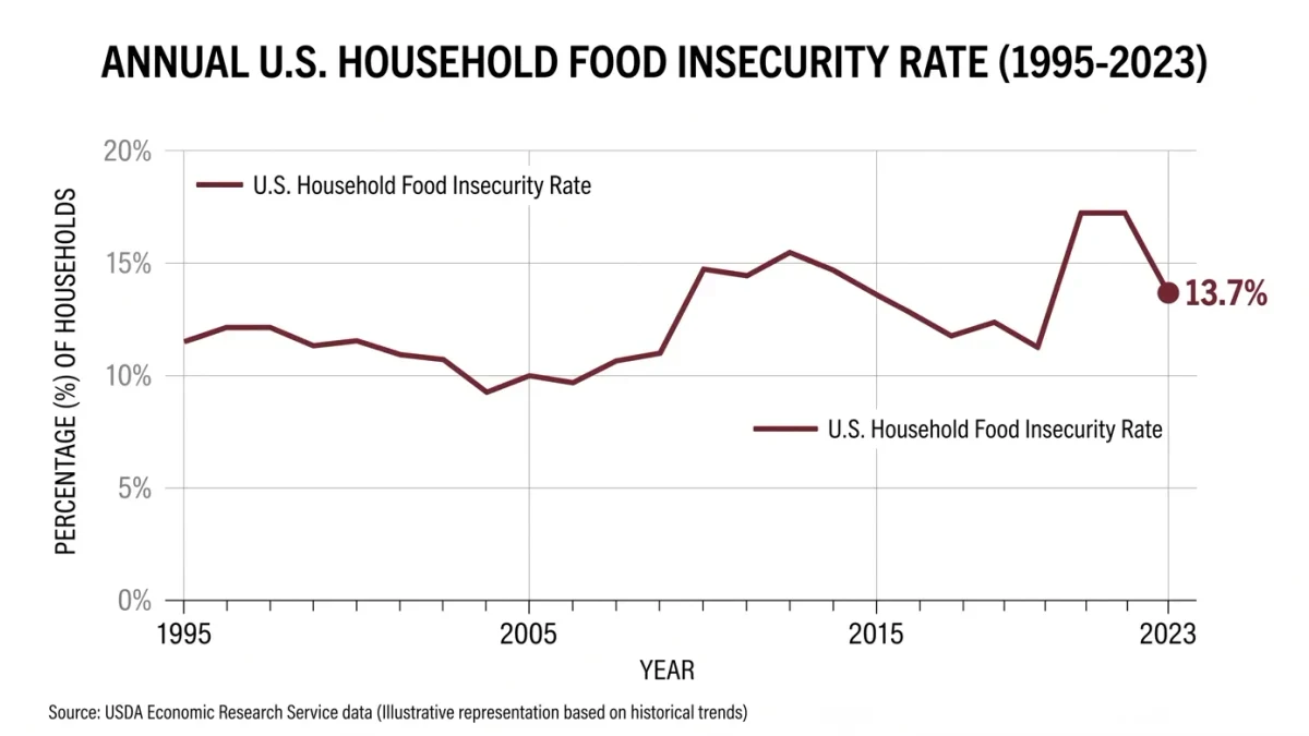 Chart of U.S. household food insecurity rates ending at 13.7 percent