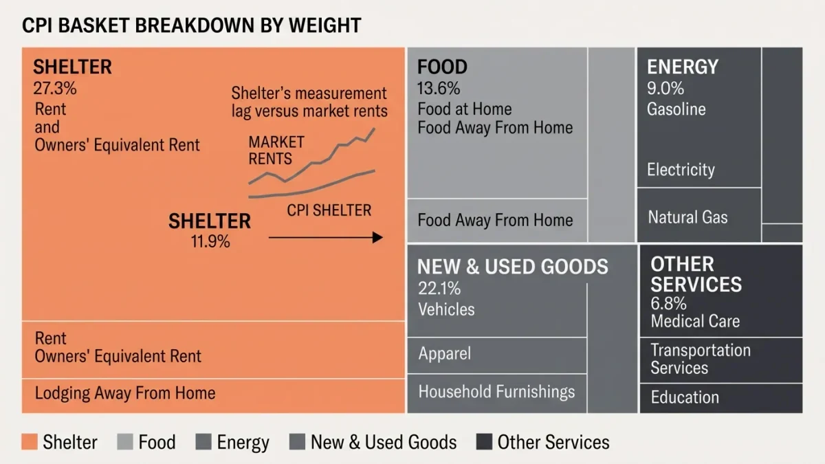 Infographic of CPI basket components with shelter share highlighted