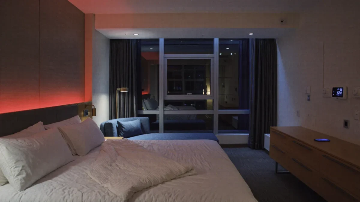 Dark hotel room prepared for athlete sleep with blackout curtains