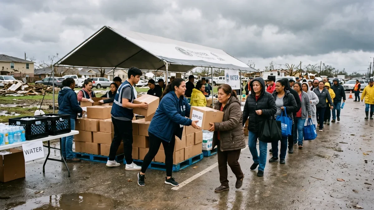 Disaster relief distribution site with supply pallets and staff