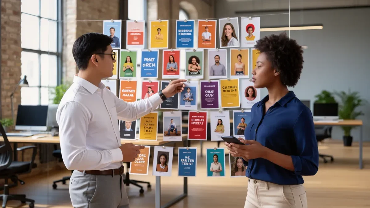 Two media buyers reviewing a wall of campaign cards in a bright office