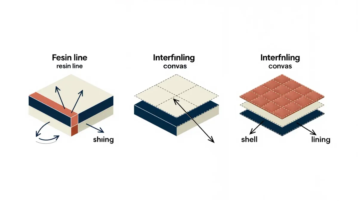 Editorial infographic comparing fused, sewn-in, and canvas shoulder construction layers