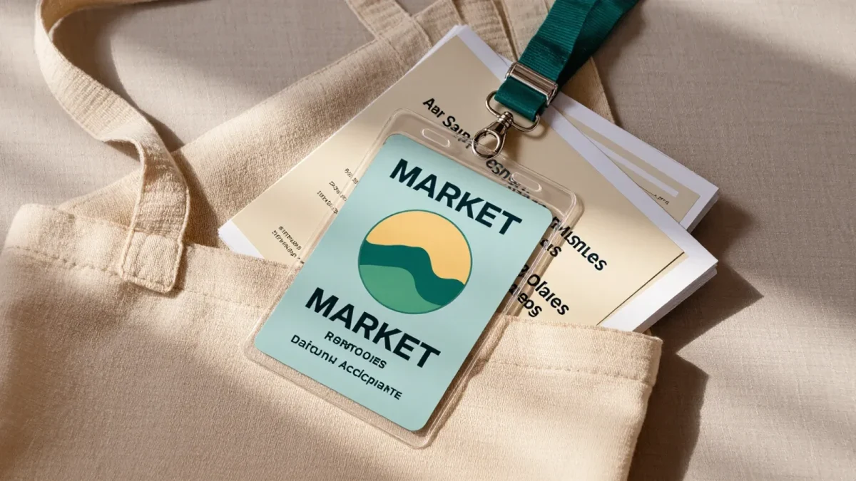 Film market badge and festival bag on a table between meetings