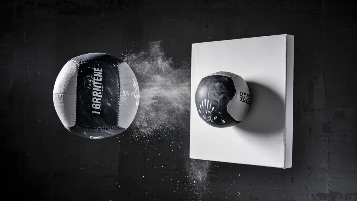 Close-up of a chalked medicine ball at a Hyrox wall target