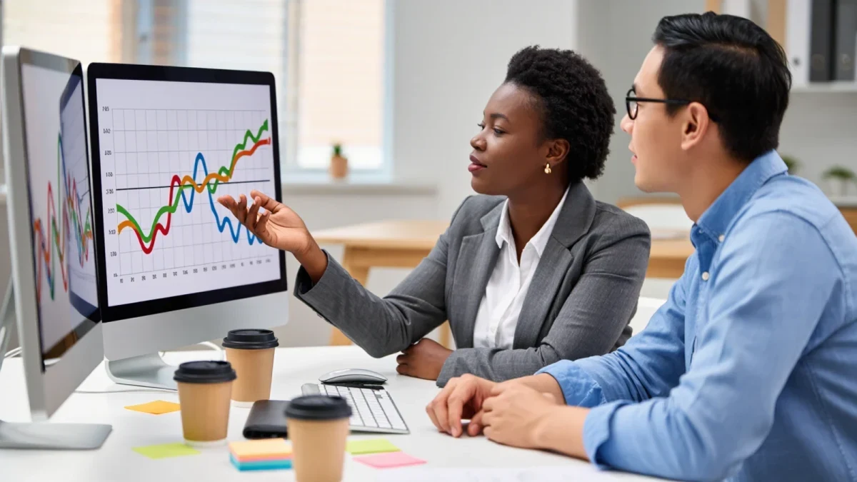 Two analysts comparing correlation charts at a shared workstation
