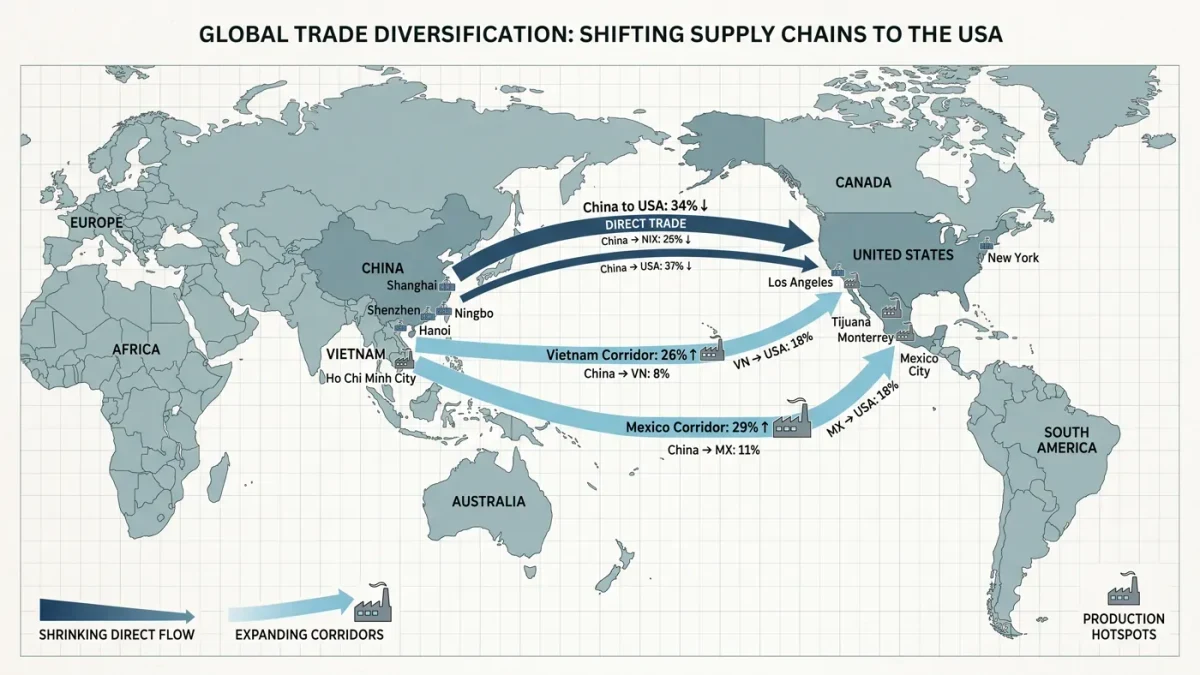 Map infographic of trade flows shifting from China to Mexico and Vietnam