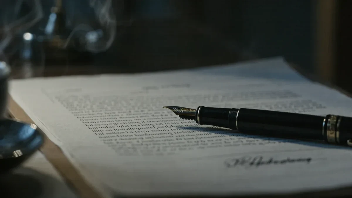 Close-up of a printed press statement with a pen resting across it