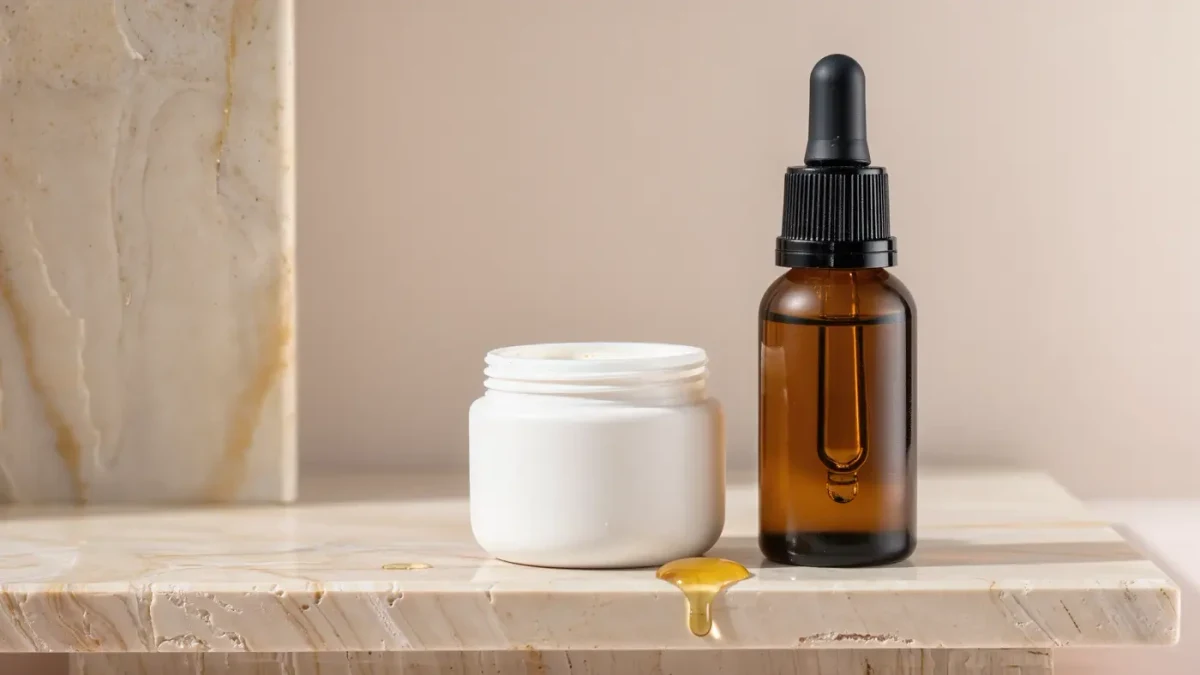 Amber glass dropper bottle of retinol serum on a pale stone bathroom shelf beside a white cream jar