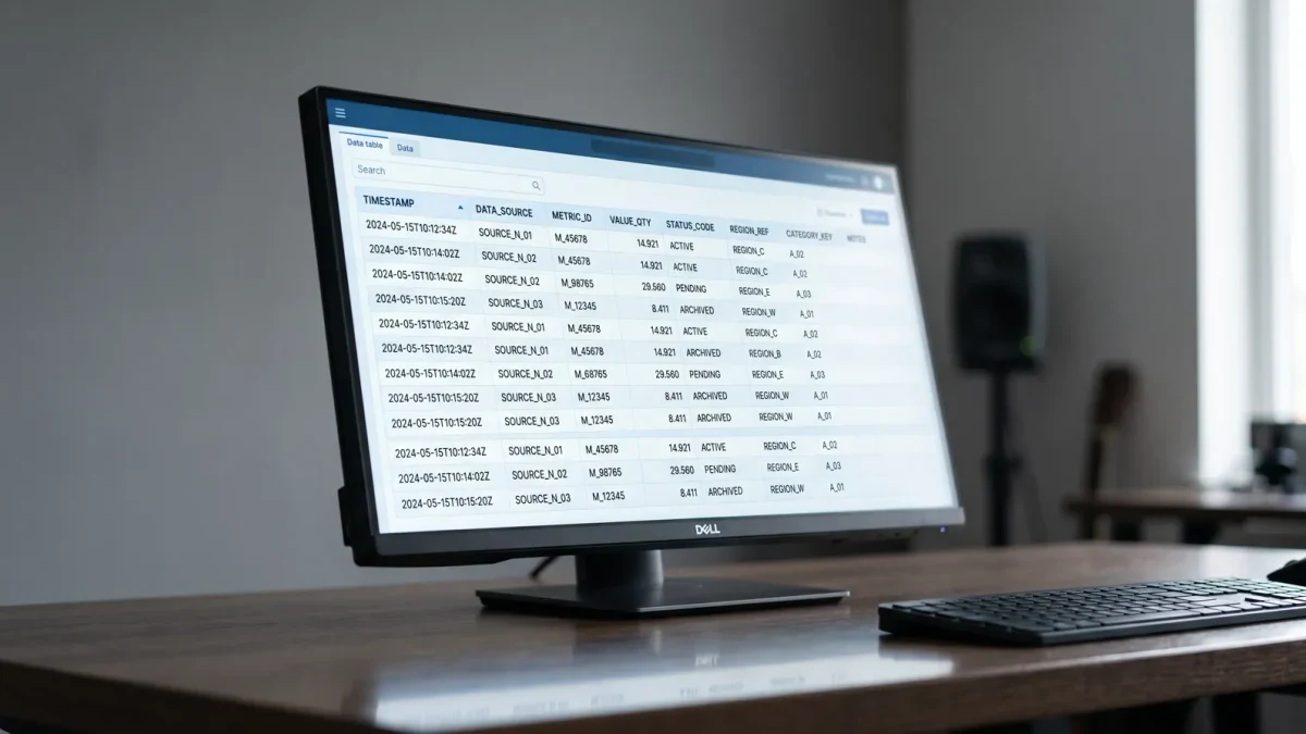 Close-up of code and data tables on a monitor showing open datasets