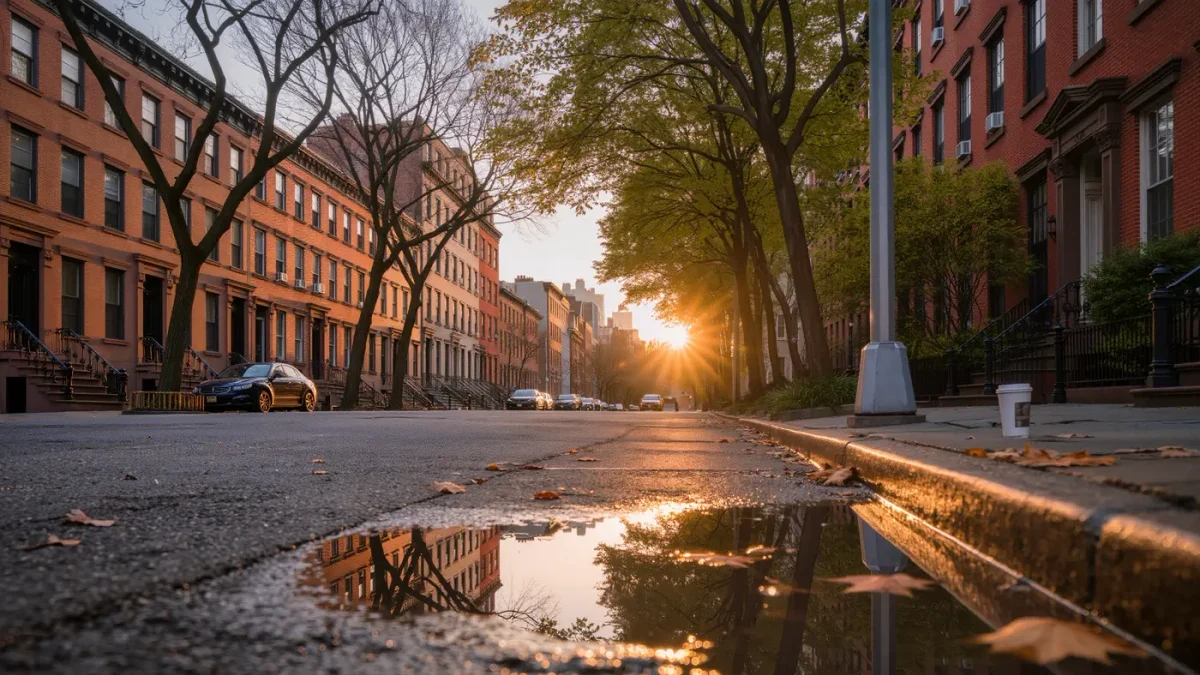 City street corner split between snowy winter sidewalk and sunny summer day