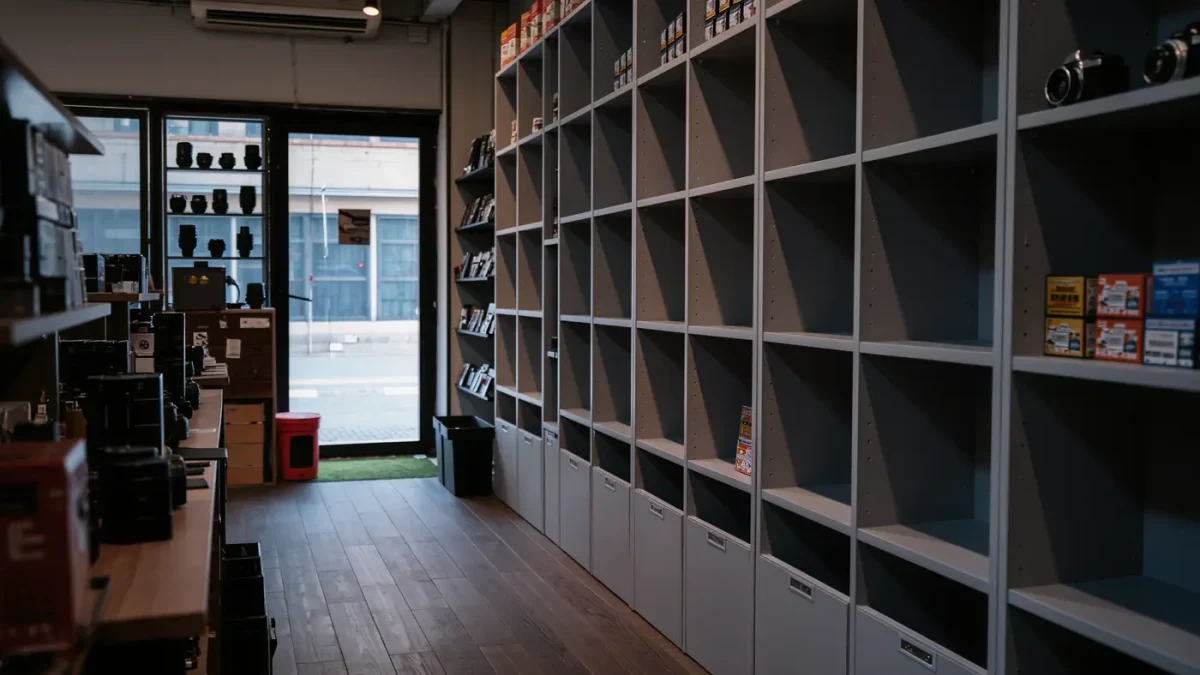 Camera store film shelf with bare gaps between remaining boxes