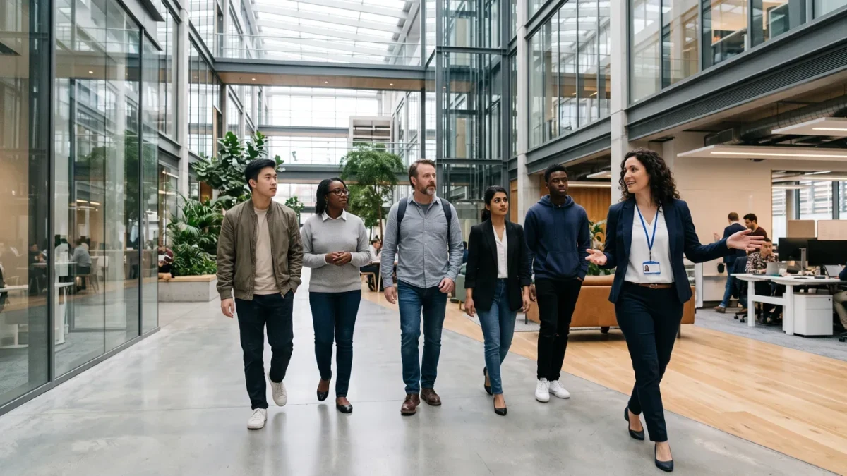 Startup team touring a large company office with a host