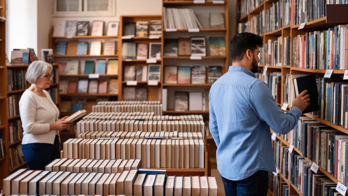 Readers browsing stacked music books in a library aisle