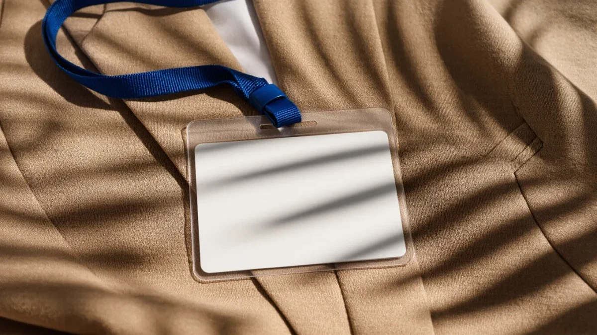 Macro of a festival badge on a lanyard over linen with a palm-leaf shadow