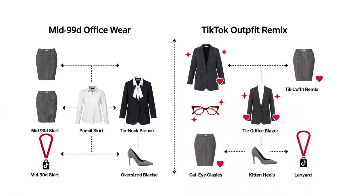 Infographic mapping office siren outfit elements from 1990s workwear to TikTok styling