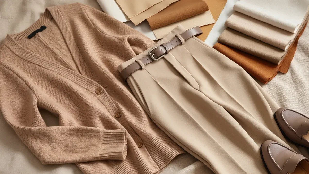 Close-up flat-lay of a tonal beige monochrome outfit: camel wool knit, sand trousers, taupe leather belt and loafers on linen