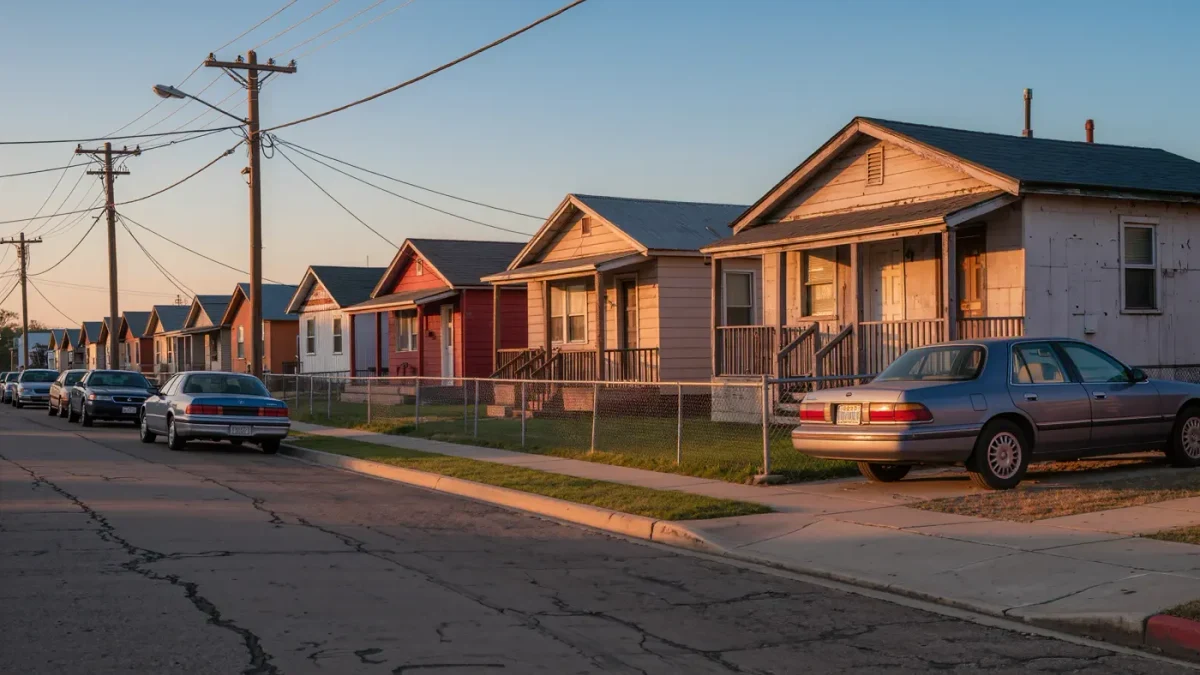 Quiet residential street of modest older rental houses at golden hour