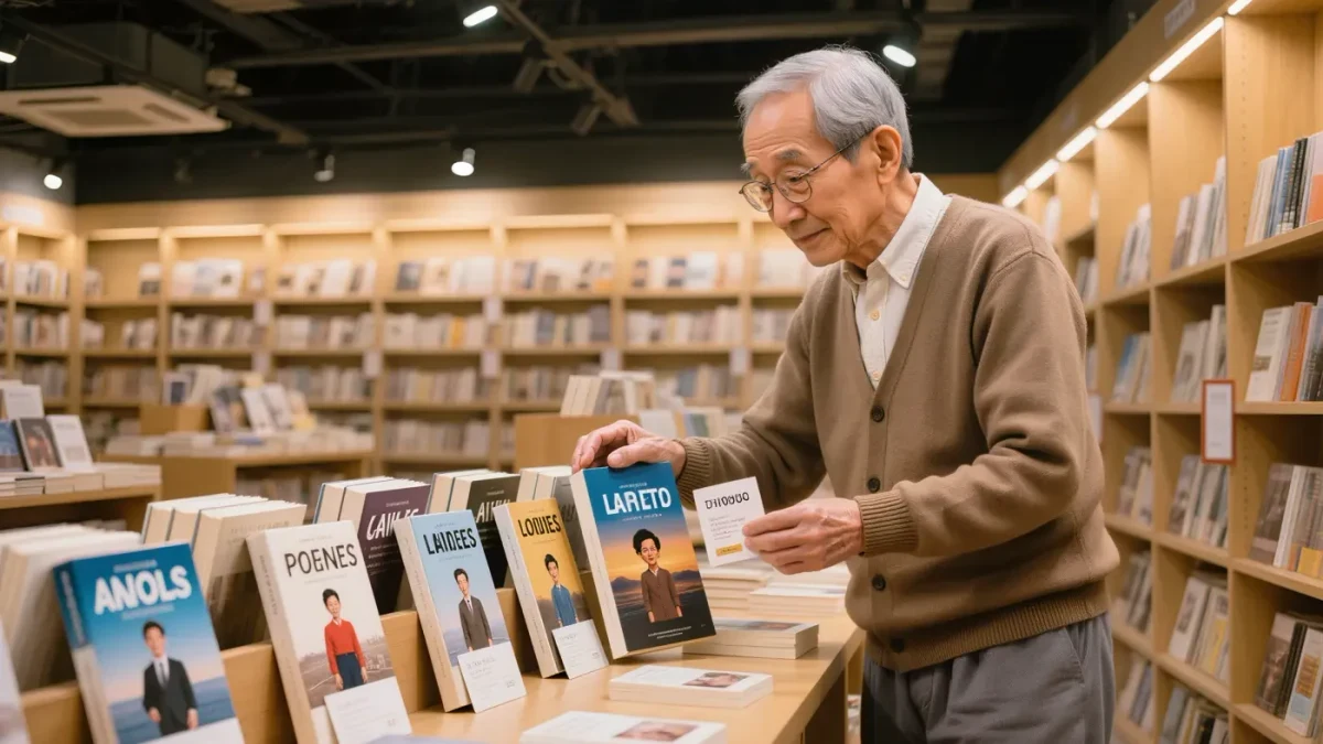 A bookseller arranging a table of debut fiction hardcovers