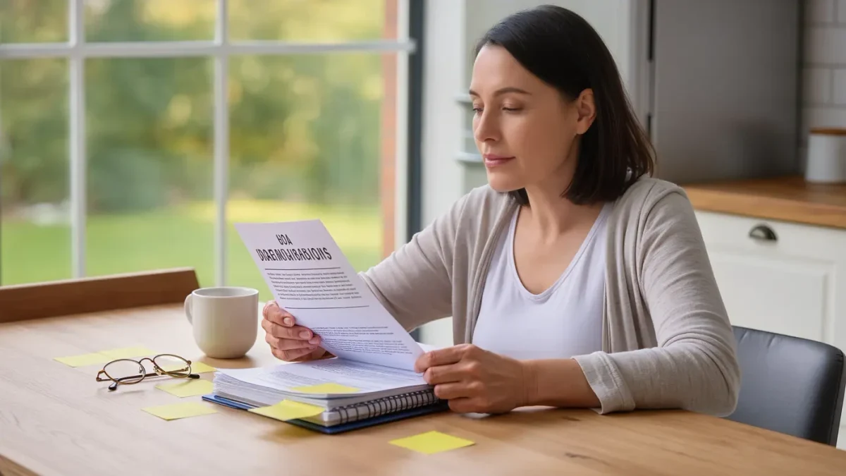 Buyer reviewing HOA documents at suburban kitchen table